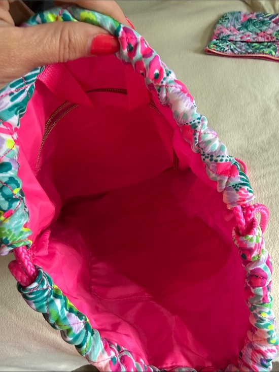 Lilly Pulitzer Banana Split quilted drawstring backpack and pouch gwp pink green